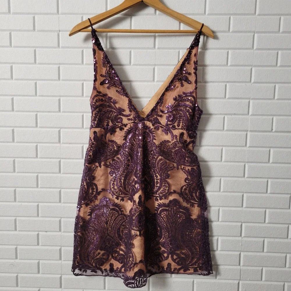 Free People Night Shimmers Mini Dress Sz 2 Purple Sequin Flapper Cocktail